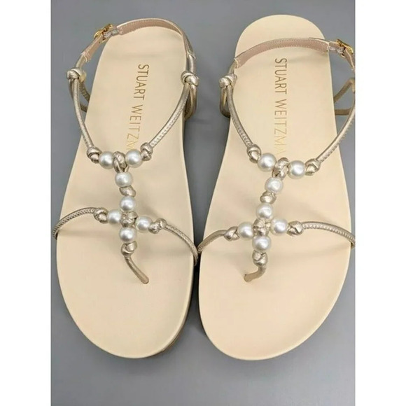STUART WEITZMAN Pearl Knot Metallic Leather Flat Sandals Size 7 B MSRP $395 - Picture 3 of 8